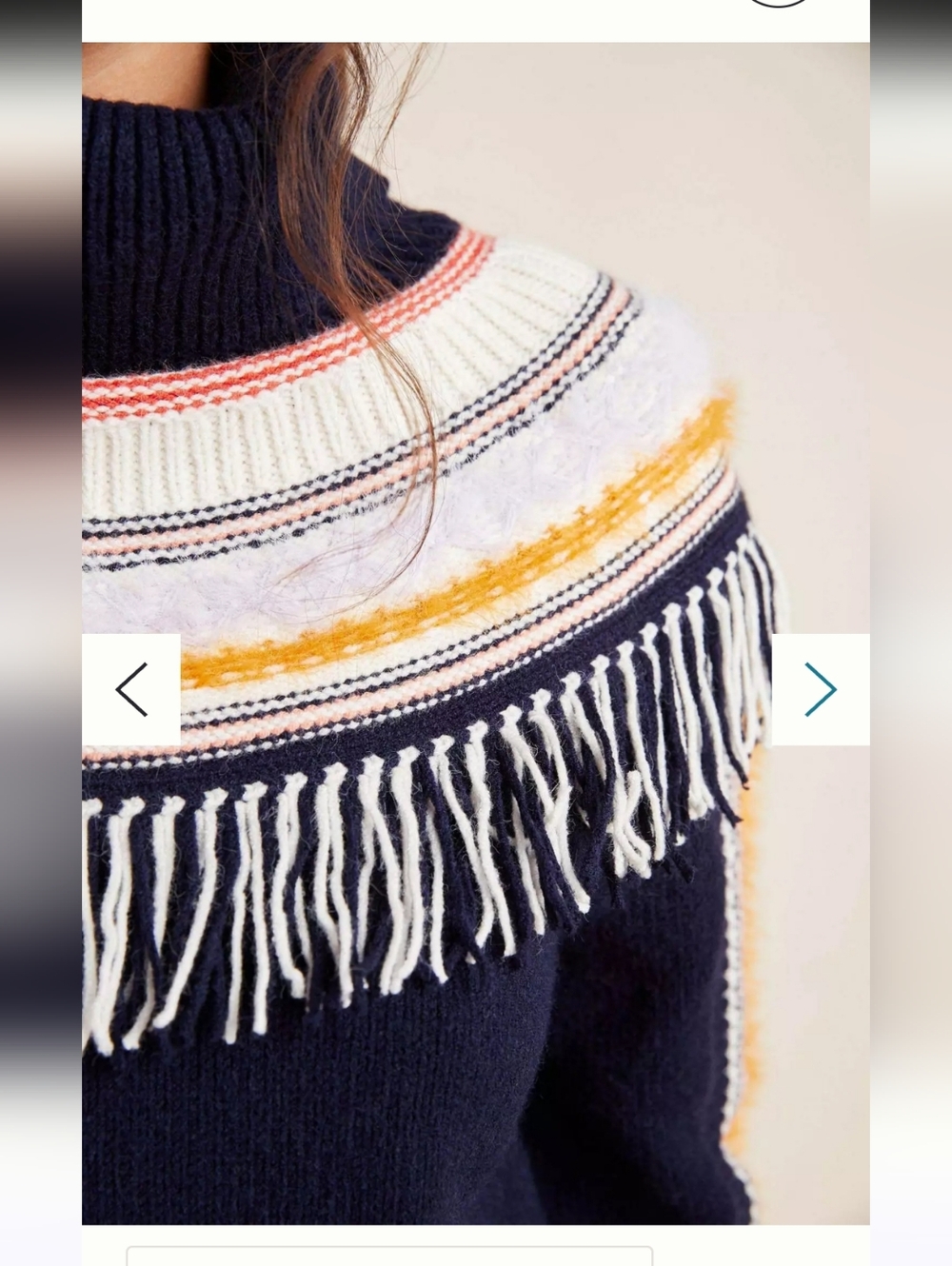 Anthropologie Margherita Nordic Sweater Fringed Turtleneck Navy Mustard Size S - Picture 3 of 10